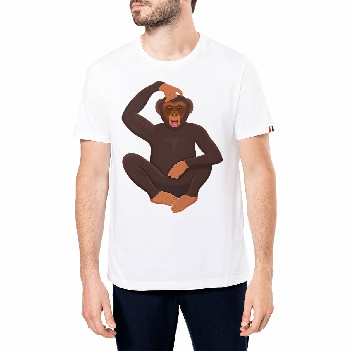 Image front QT Shirt Men | Chimp Scratching Head | Tongue Out