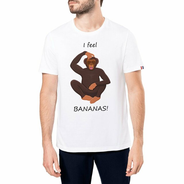 Image front QT Shirt Men | Chimp Scratching Head | Bananas