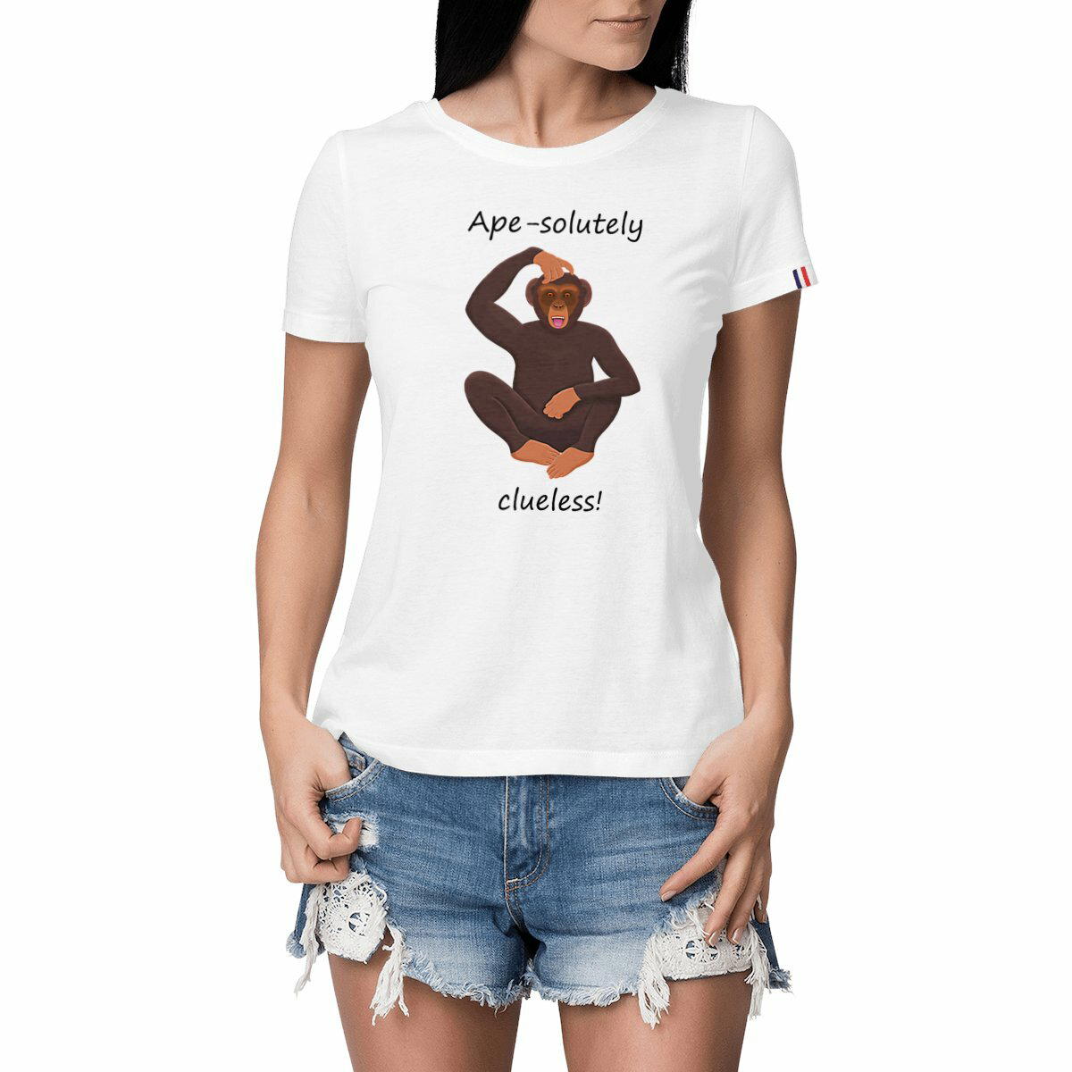 Image front QT Shirt Women | Chimp Scratching Head | Clueless