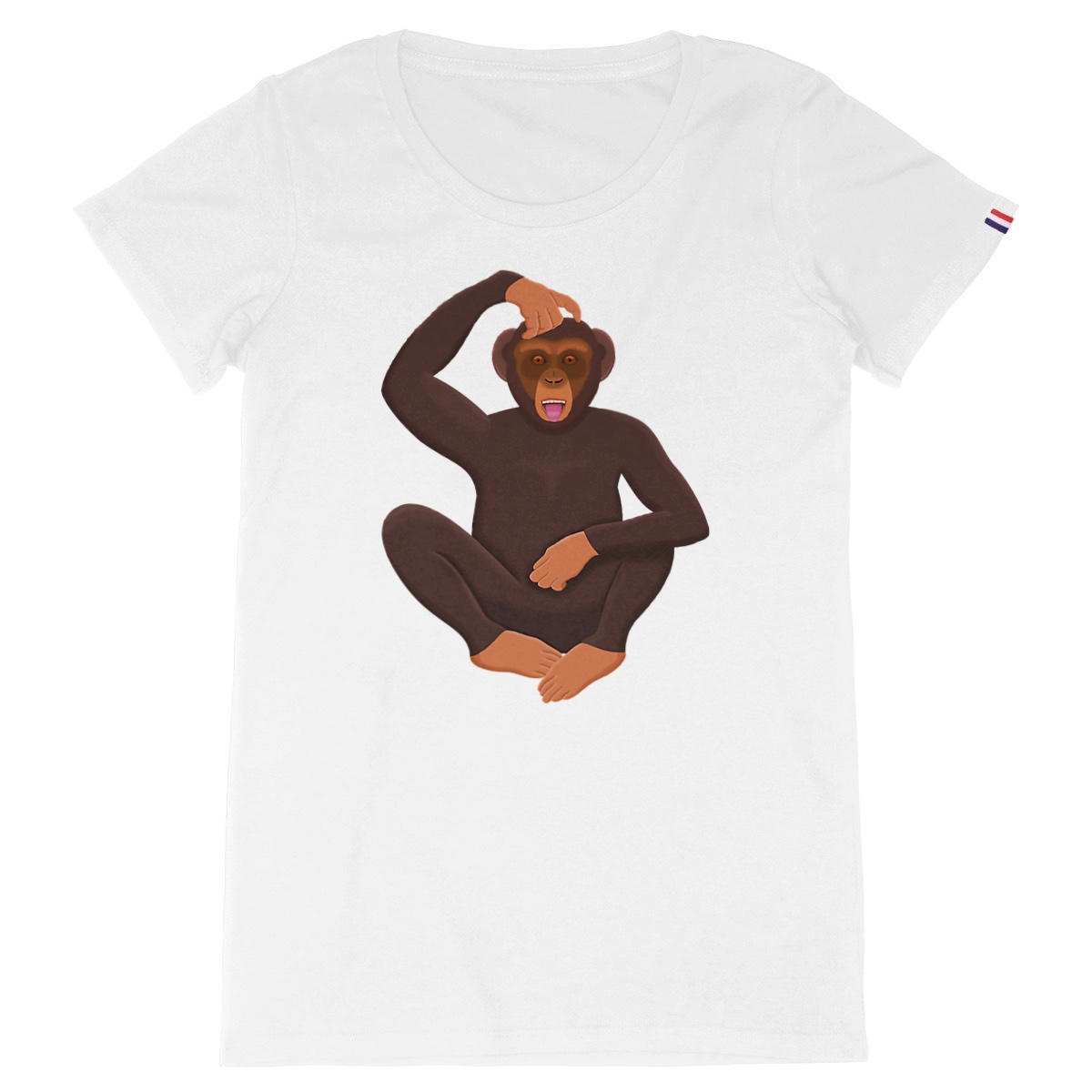 Image back QT Shirt Women | Chimp Scratching Head | Tongue Out