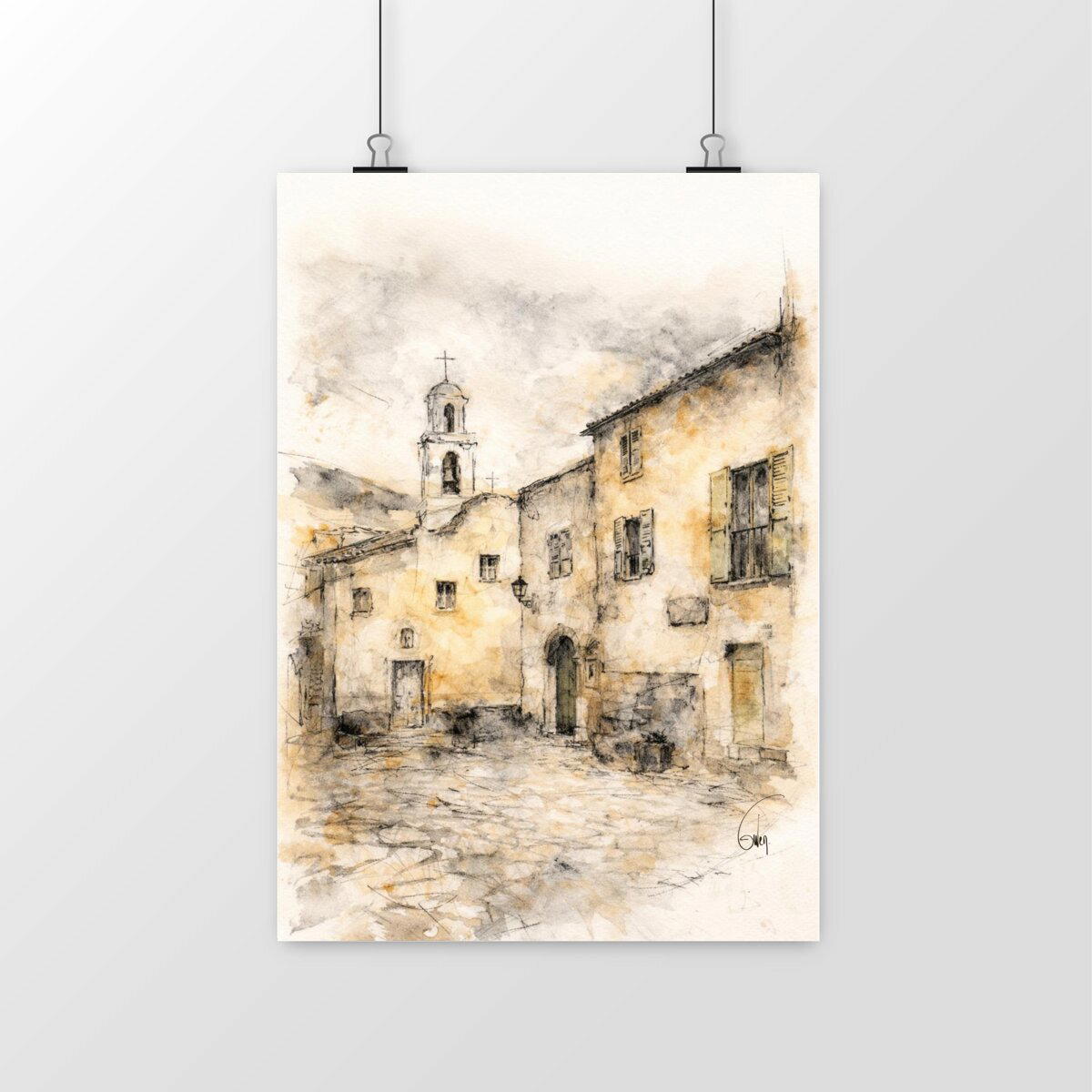 Costa reproduction dessin de la place du village - Corse