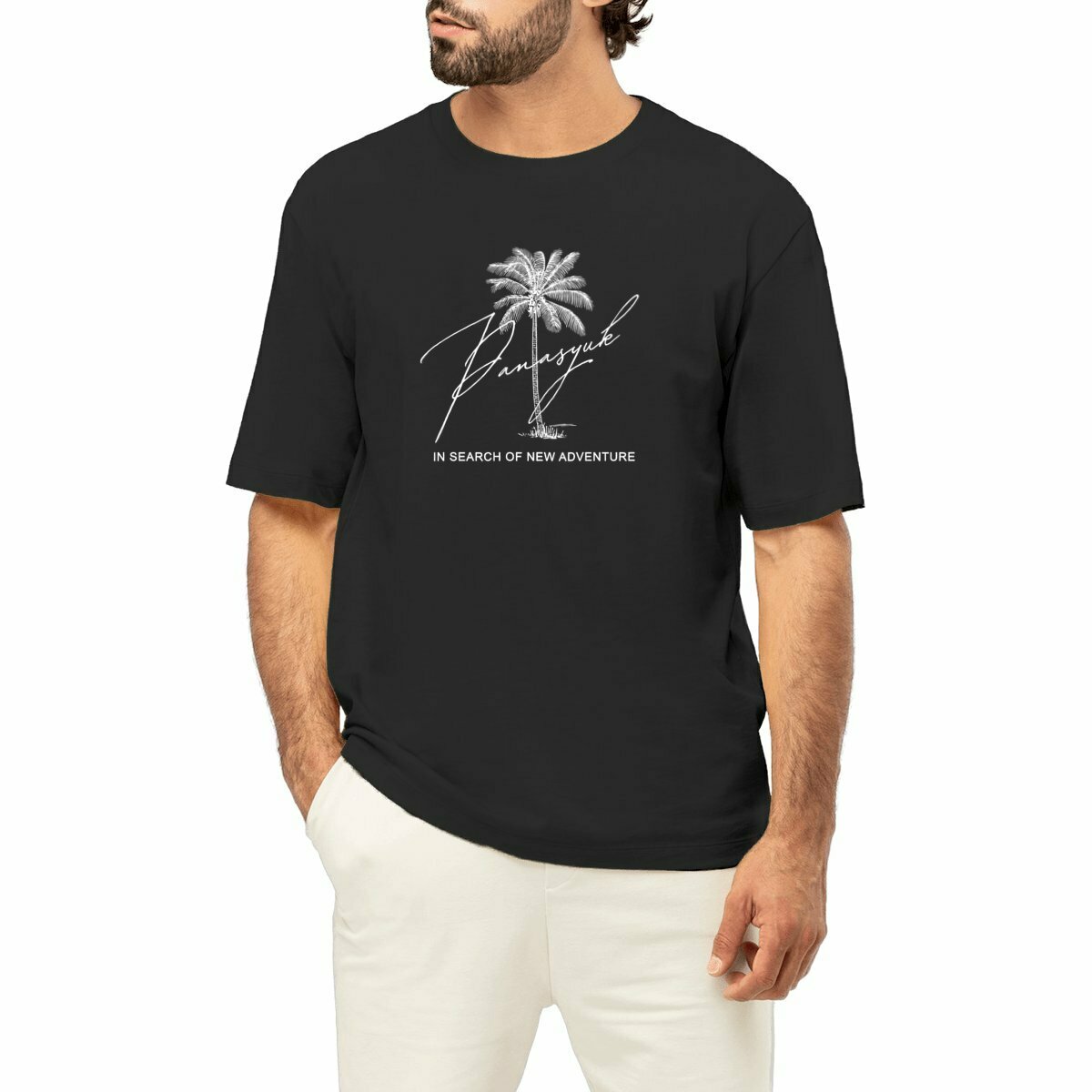 Image front Unisex OVERSIZED black t-shirt "IN SEARCH OF NEW ADVENTURE" Unisex t-shirt