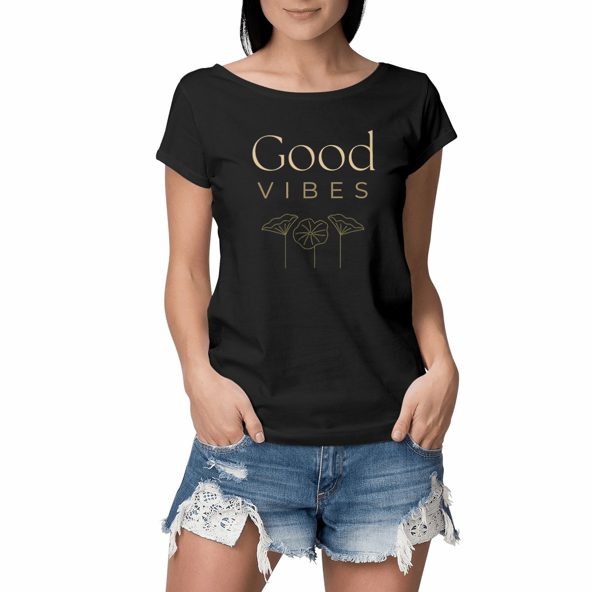 Image front T-shirt Femme Slub - Good Vibes - Fleurs foncées