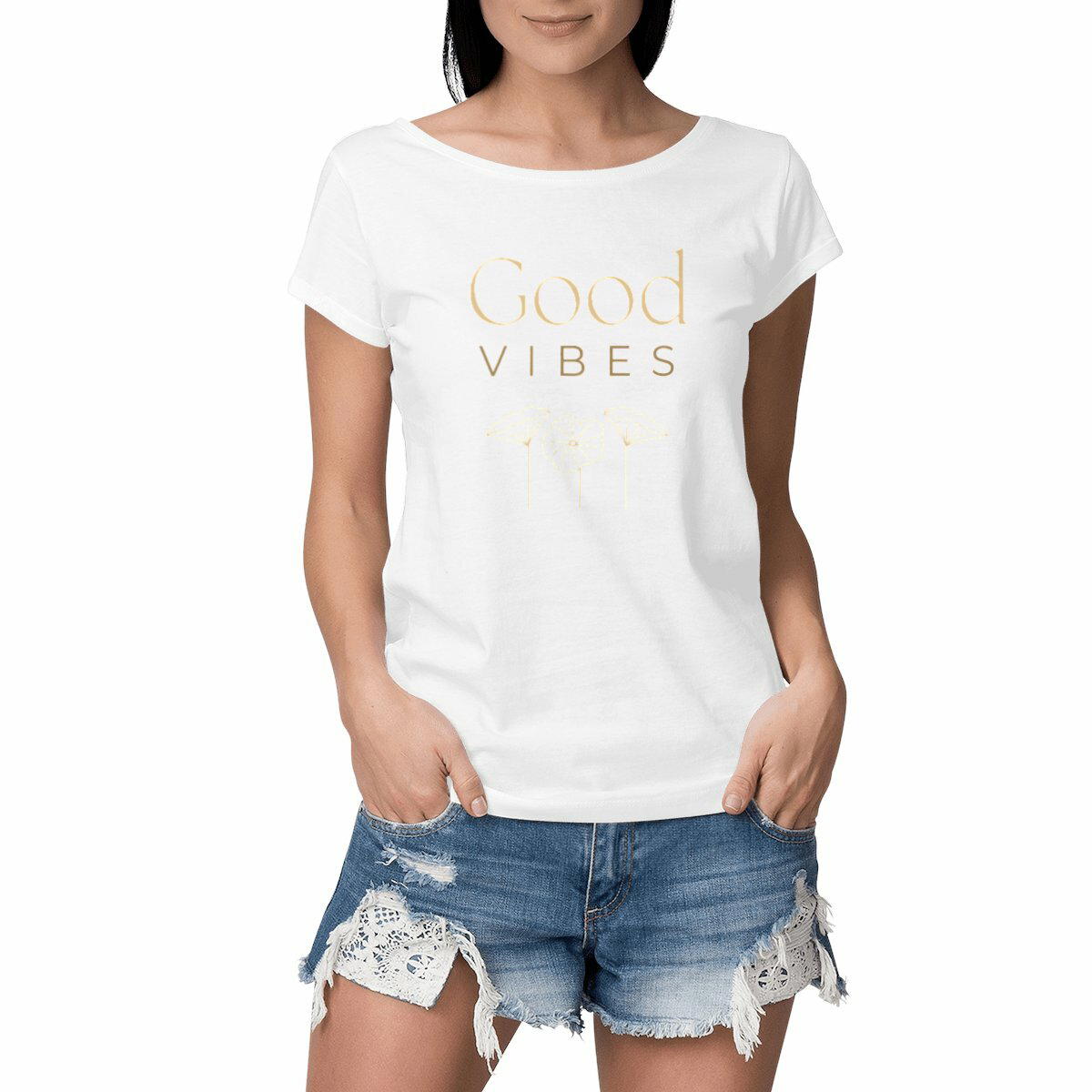 Image front T-shirt Femme Slub - Good Vibes - Fleurs claires