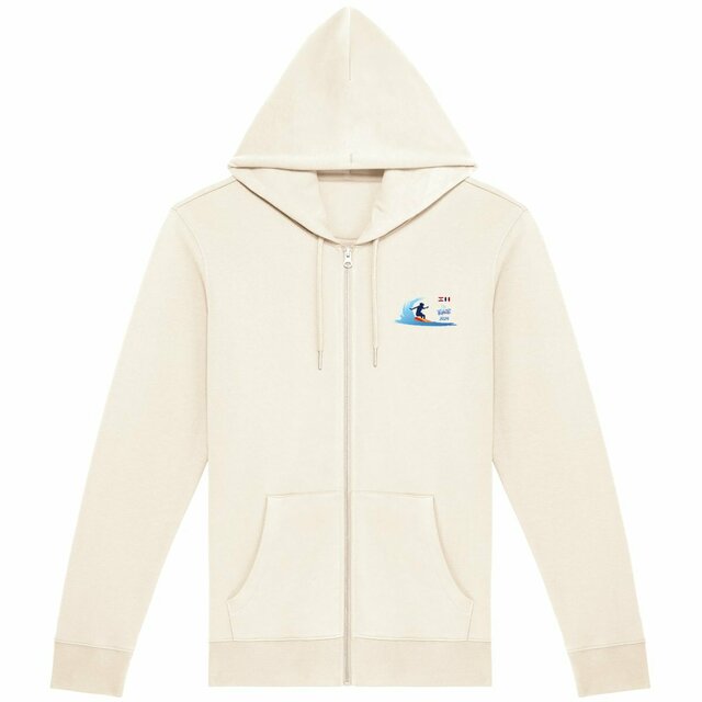Image front Sweat à capuche zippé unisexe clair surf Tahiti 2024 Teahupoo surfeuse