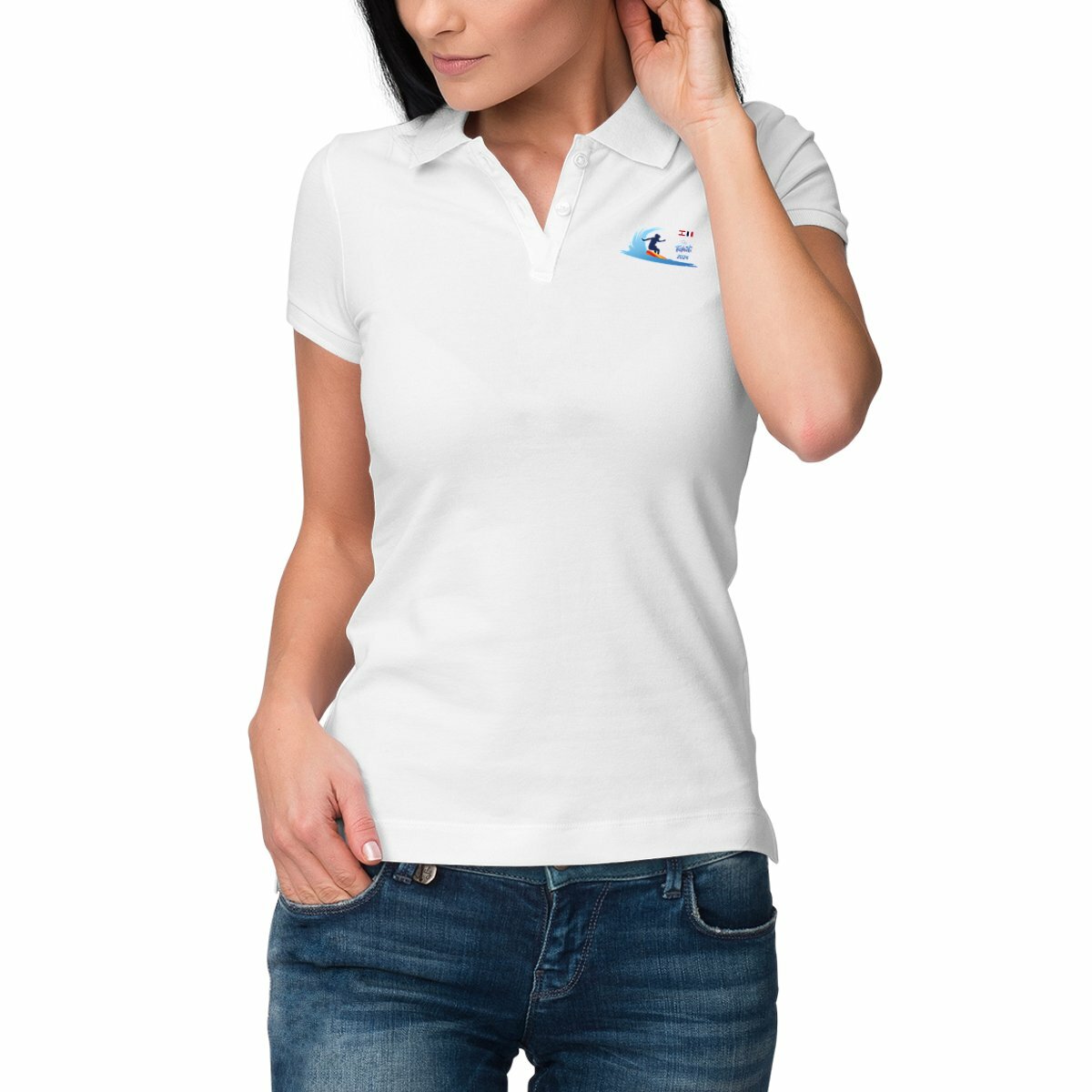 Image front Polo Femme clair Surf Tahiti 2024 Teahupoo surfeuse épais Premium Plus