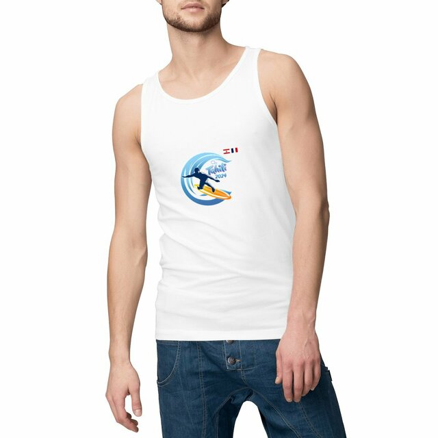 Image front T-Shirt Débardeur blanc surf Tahiti 2024 Teahupoo Homme