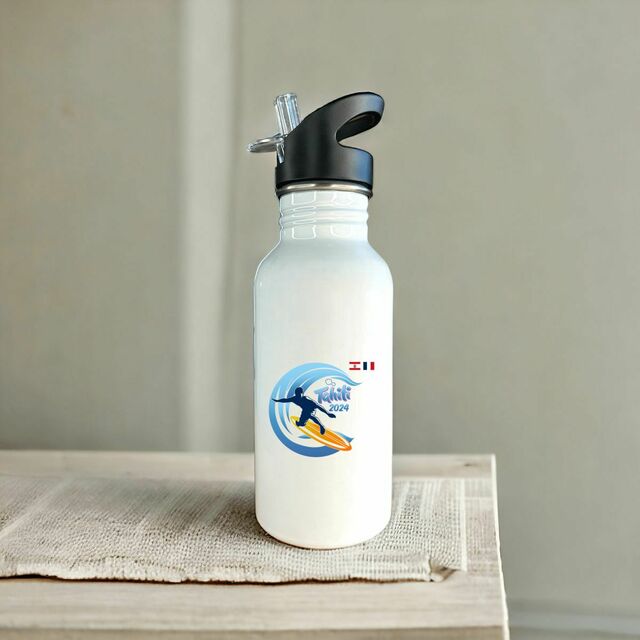 Image front Bouteille en inox avec paille surf Tahiti 2024 Teahupoo surfeur