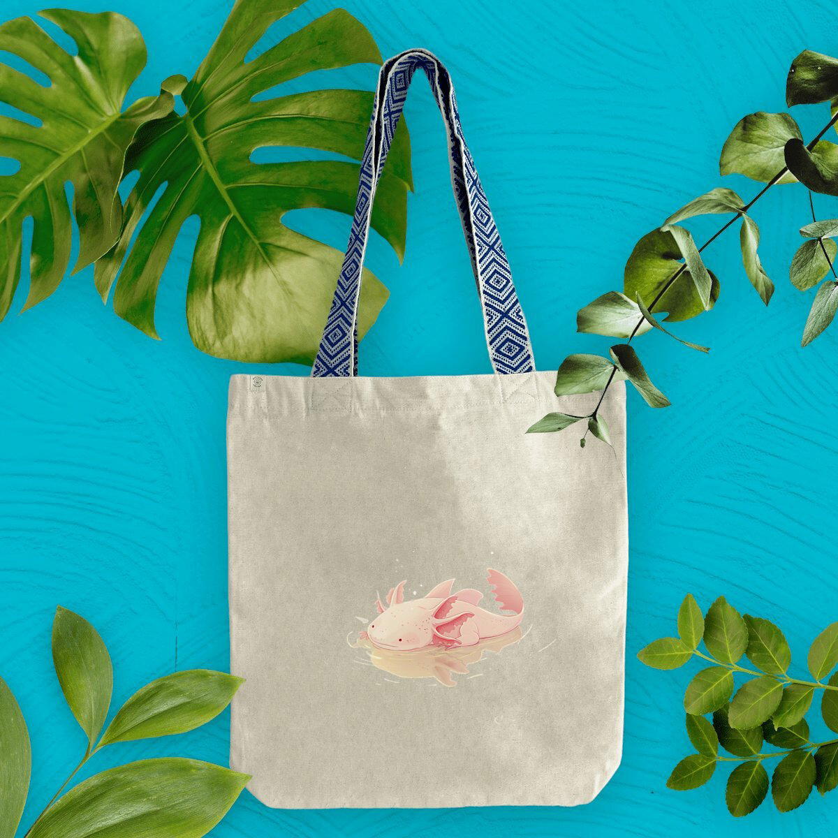 Image front Totebag ethnique Axolotl mignon - Un sac tendance et unique