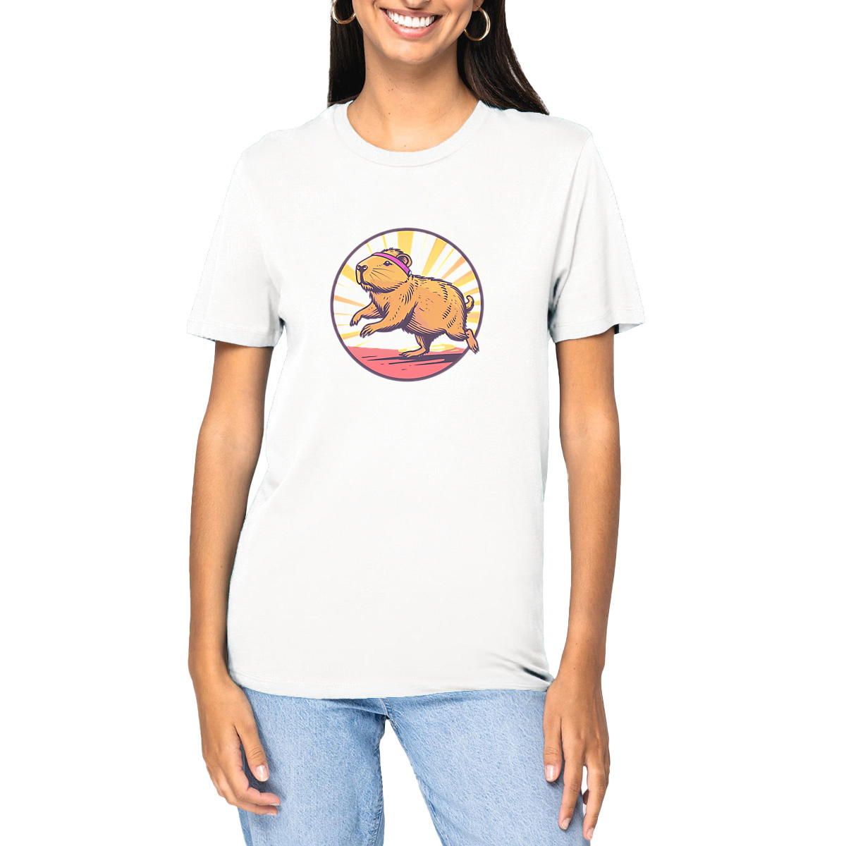 Image front T-shirt Unisexe épais Capybara Running Club : Courez avec style !