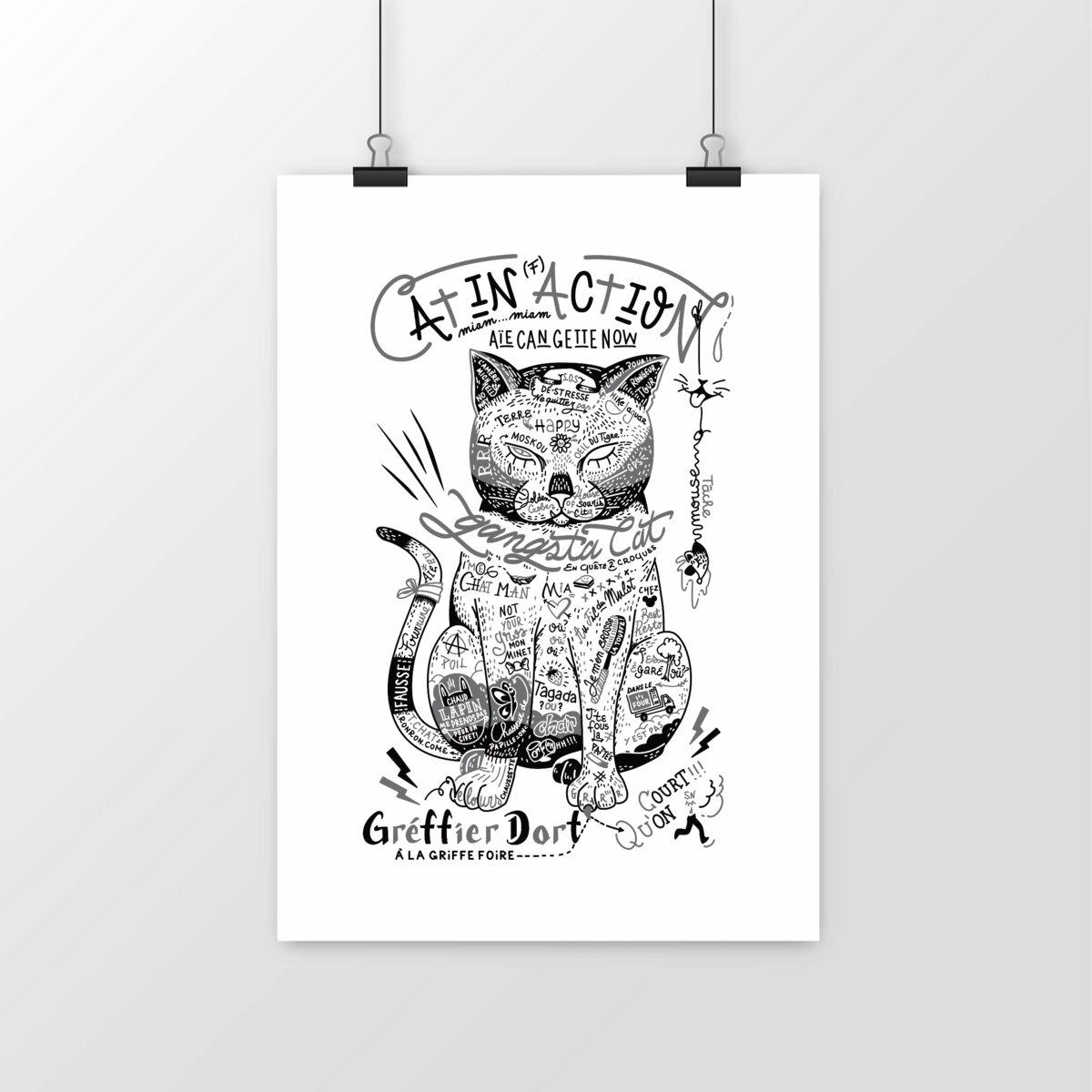 Image front Poster vertical : Chat tatoué séducteur et gourmet pour gamers