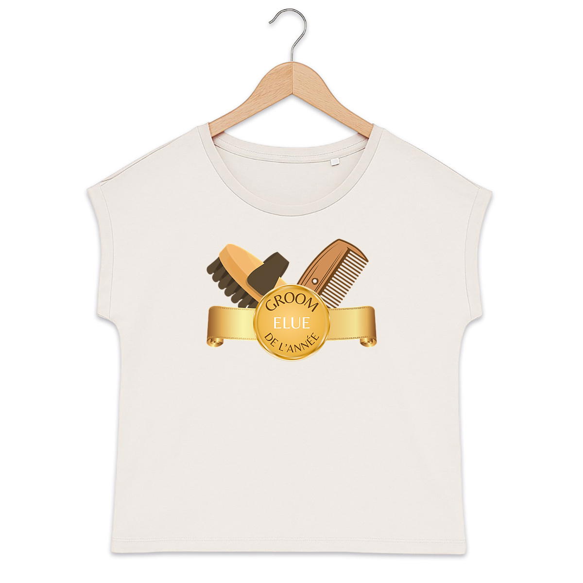 Image front T-shirt Femme Bio Elue Groom de l'année " - Idéal Cadeau de cavalière -  Coton Bio Rose