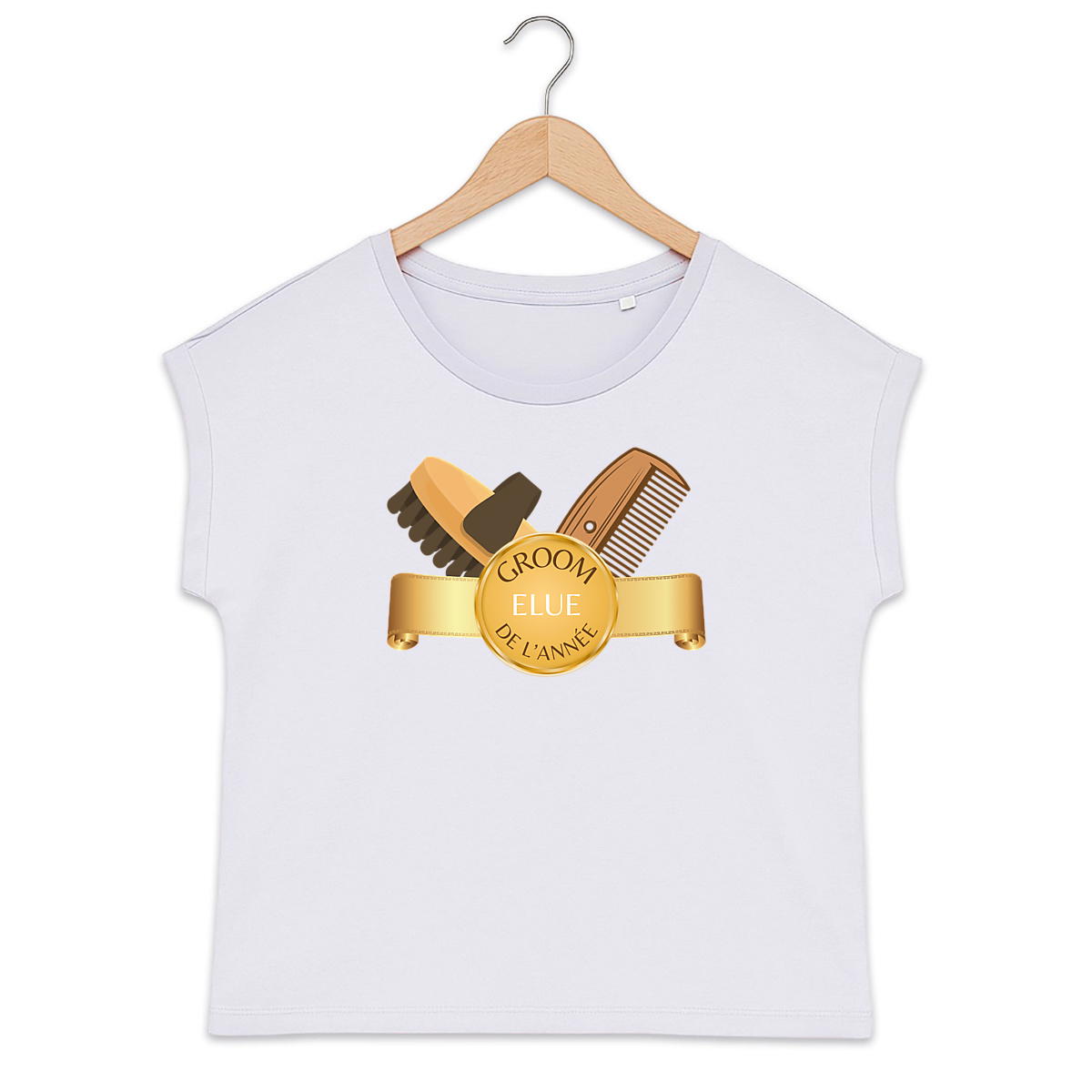Image back T-shirt Femme Bio Elue Groom de l'année " - Idéal Cadeau de cavalière -  Coton Bio Rose