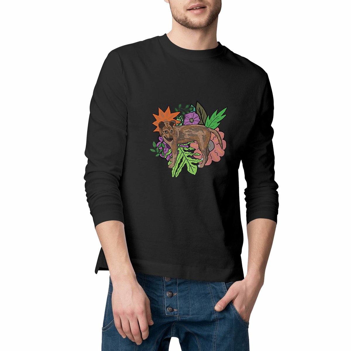 Perro, plantas y flores