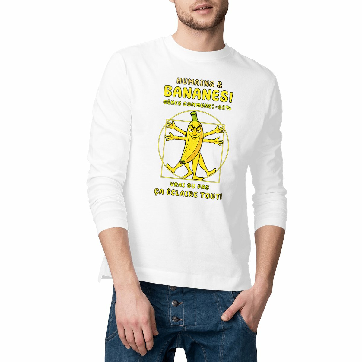 Image front ❀ T-Shirt Classique Mi-Épais Homme Manches Longues ~Premium ✦ LA BANANE DE VITRUVE [🌐 FR]