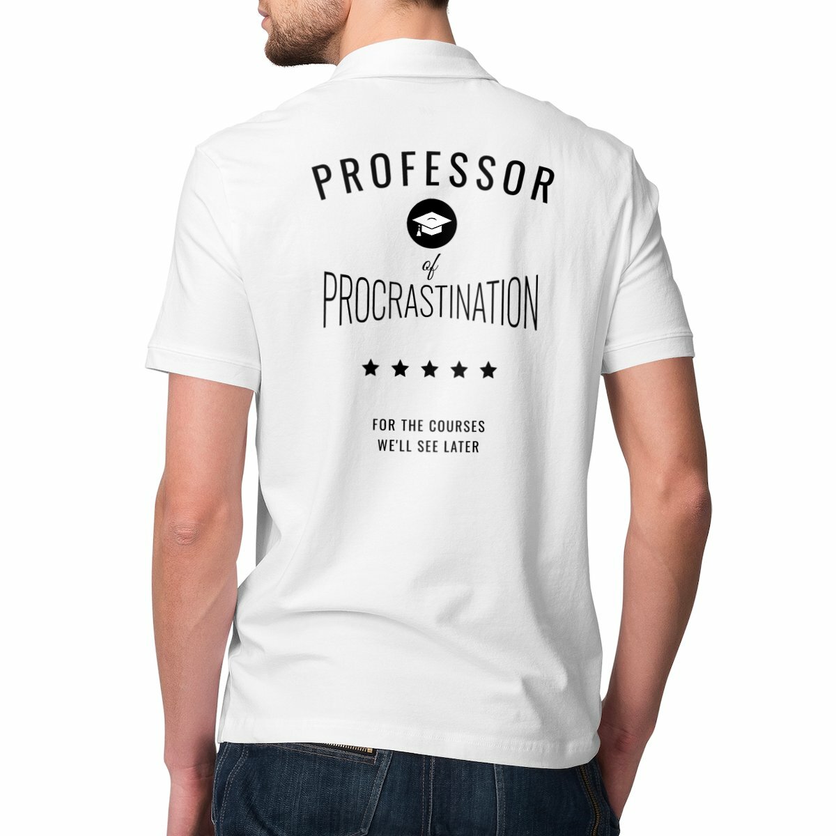 Image front ❀ Polo Mi-Épais Homme ~Premium Visuel Devant & au Dos /Couleur Polo Blanche/ ✦ PROCRASTINATION [🌐 EN] ✨