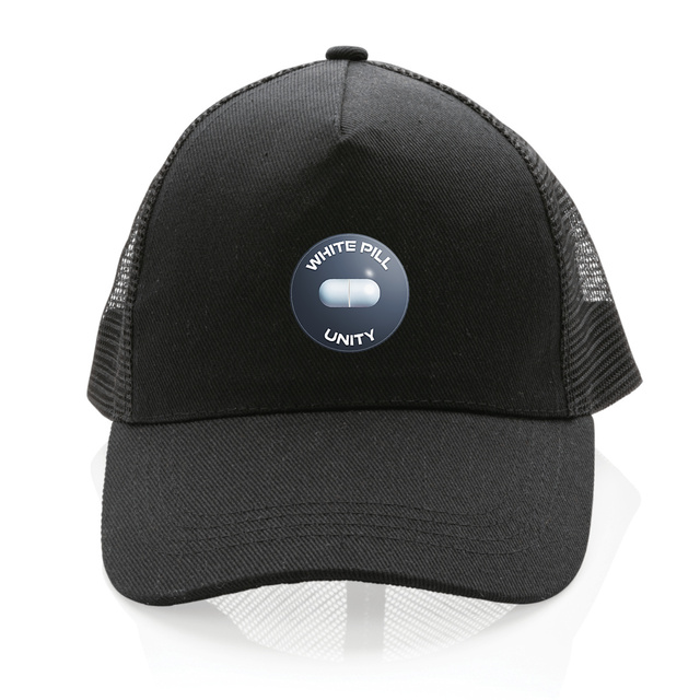 Image front ❀ Casquette Trucker 100% recyclée ✦ WHITE PILL UNITY [🌐 EN] ✨