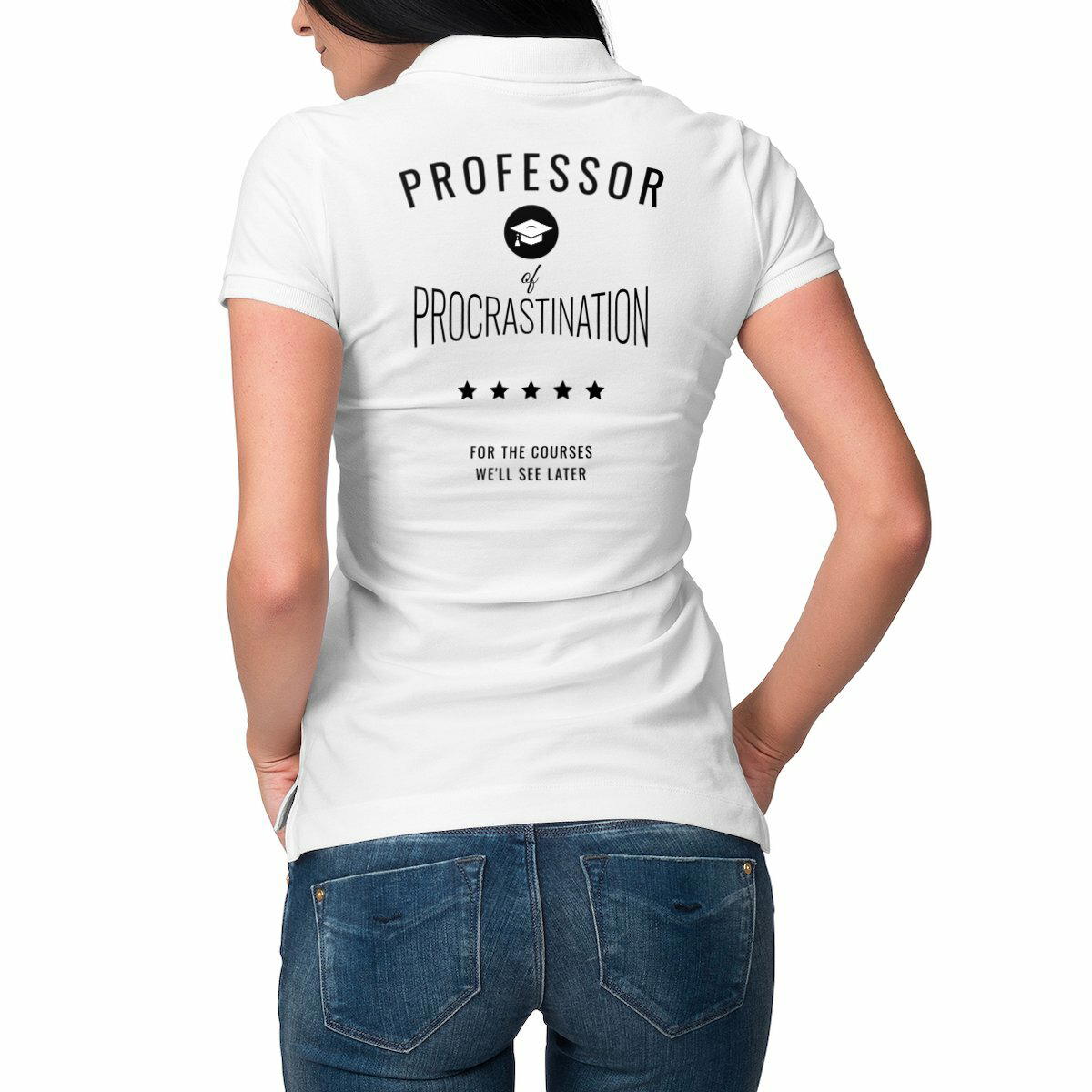 Image front ❀ Polo Mi-Épais Femme ~Premium Visuel Devant & au Dos /Couleur Polo Blanche/ ✦ PROCRASTINATION [🌐 EN] ✨