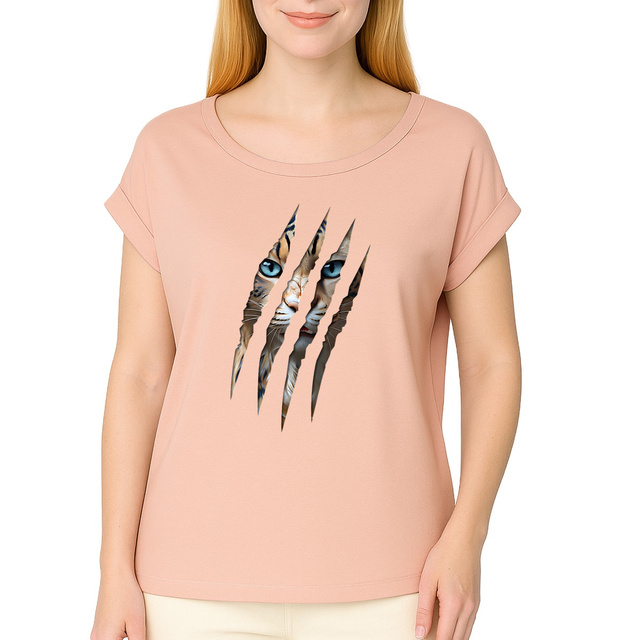 Image front ❀ T-Shirt Mi-Léger Femme Manches à Revers ~Premium ✦ LA GRIFFE DU CHAT [🌐 INT] ✨