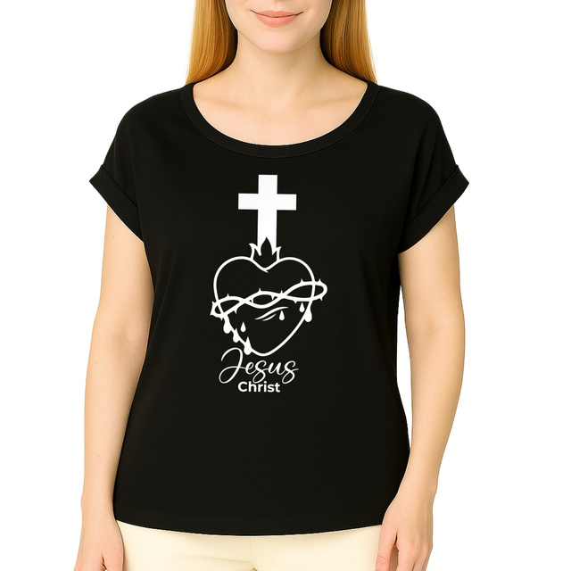 Sacré coeur - T-shirt noir femme biologique manches à revers