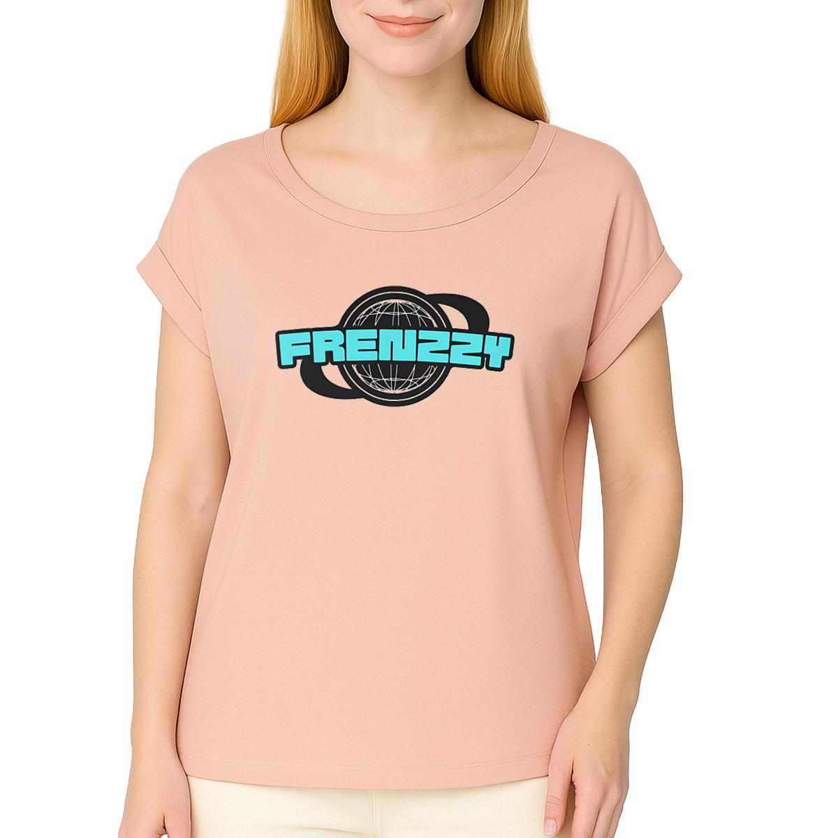 Image front T-shirt femme biologique manches à revers - Écologique et léger Frenzzy bleu