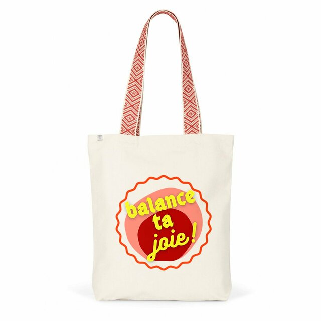 Balance ta joie ! Tote bag écologique anse en tissu 2 coloris - capsule bordeaux rose & écriture jaune  - Image