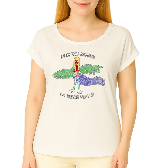 L'Oiseau Monte, la Terre Veille - T-shirt femme biologique manches à revers