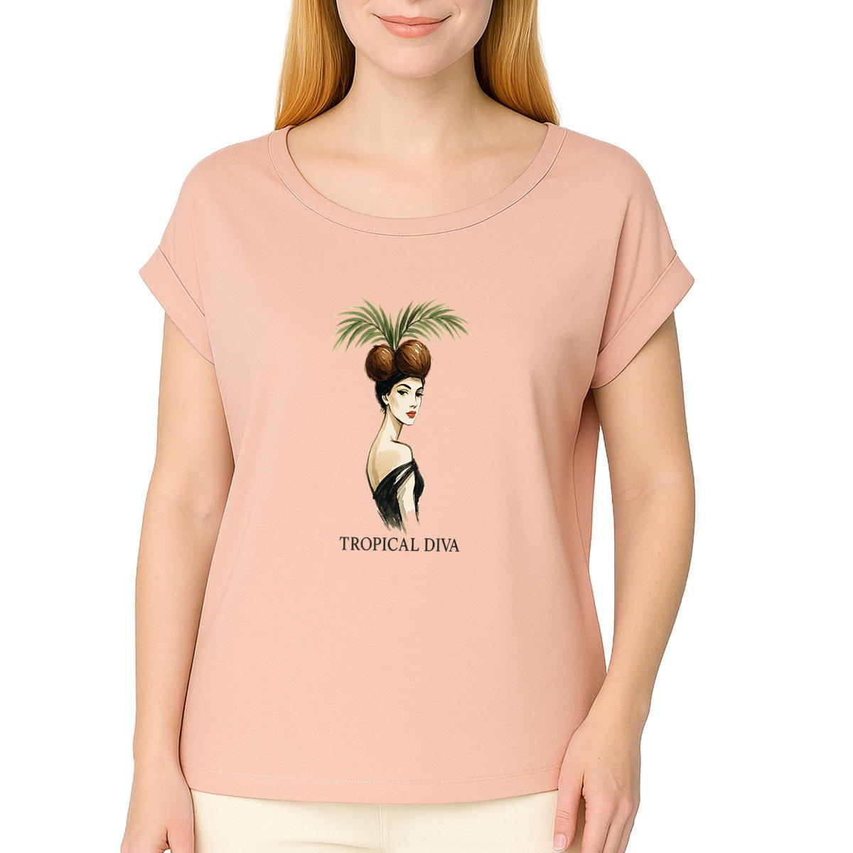 Women’s Organic Cotton T-Shirt with Cuffed Sleeves – Tropical Diva