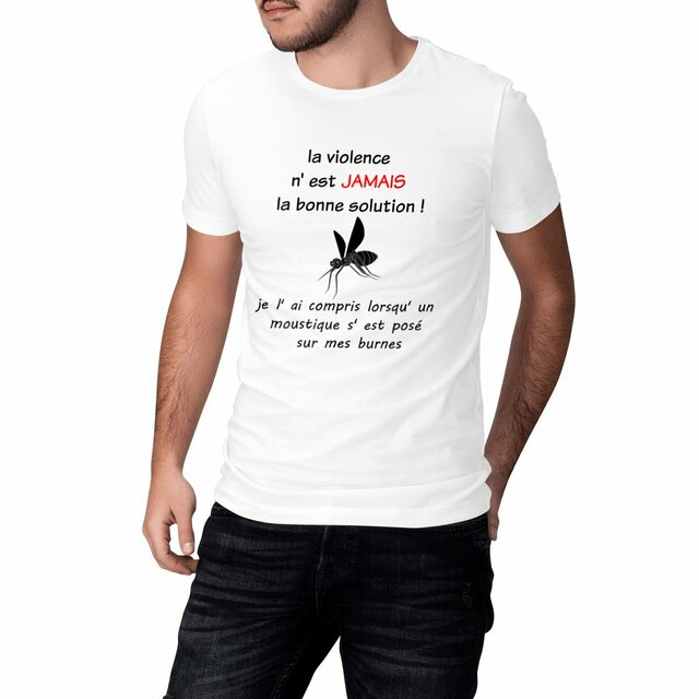 Image front T-SHIRT HUMOUR MOUSTIQUE STOP A LA VIOLENCE CADEAU