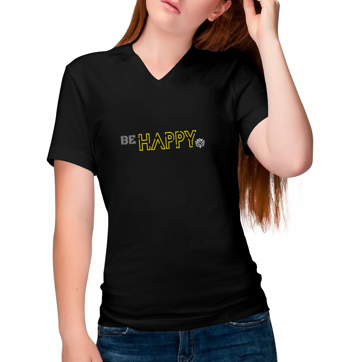 Image front T-shirt femme Col V Be Happy coton 100% Bio