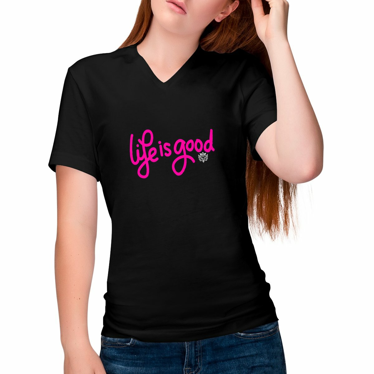 Image front T-shirt femme Col V Life is good coton 100% Bio