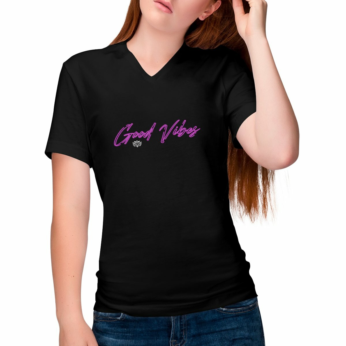 Image front T-shirt femme Col V Good Vibes coton 100% Bio