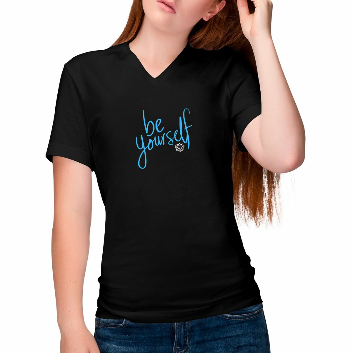 Image front T-shirt femme Col V Be yourself coton 100% Bio