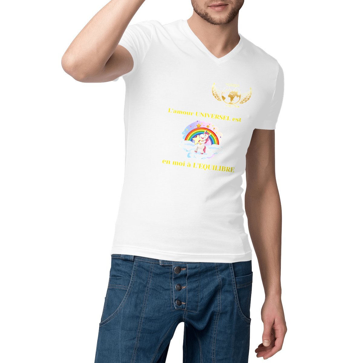 Image front T Shirt Homme Col V AGT licorne - édition limitée Autisme