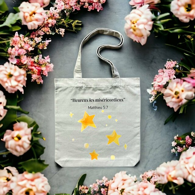 Image front Tote Bag chrétien – « Heureux les miséricordieux » | Matthieu 5:7