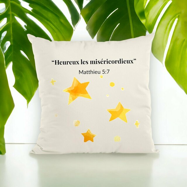 Image front Coussin chrétien – « Heureux les miséricordieux » | Matthieu 5:7