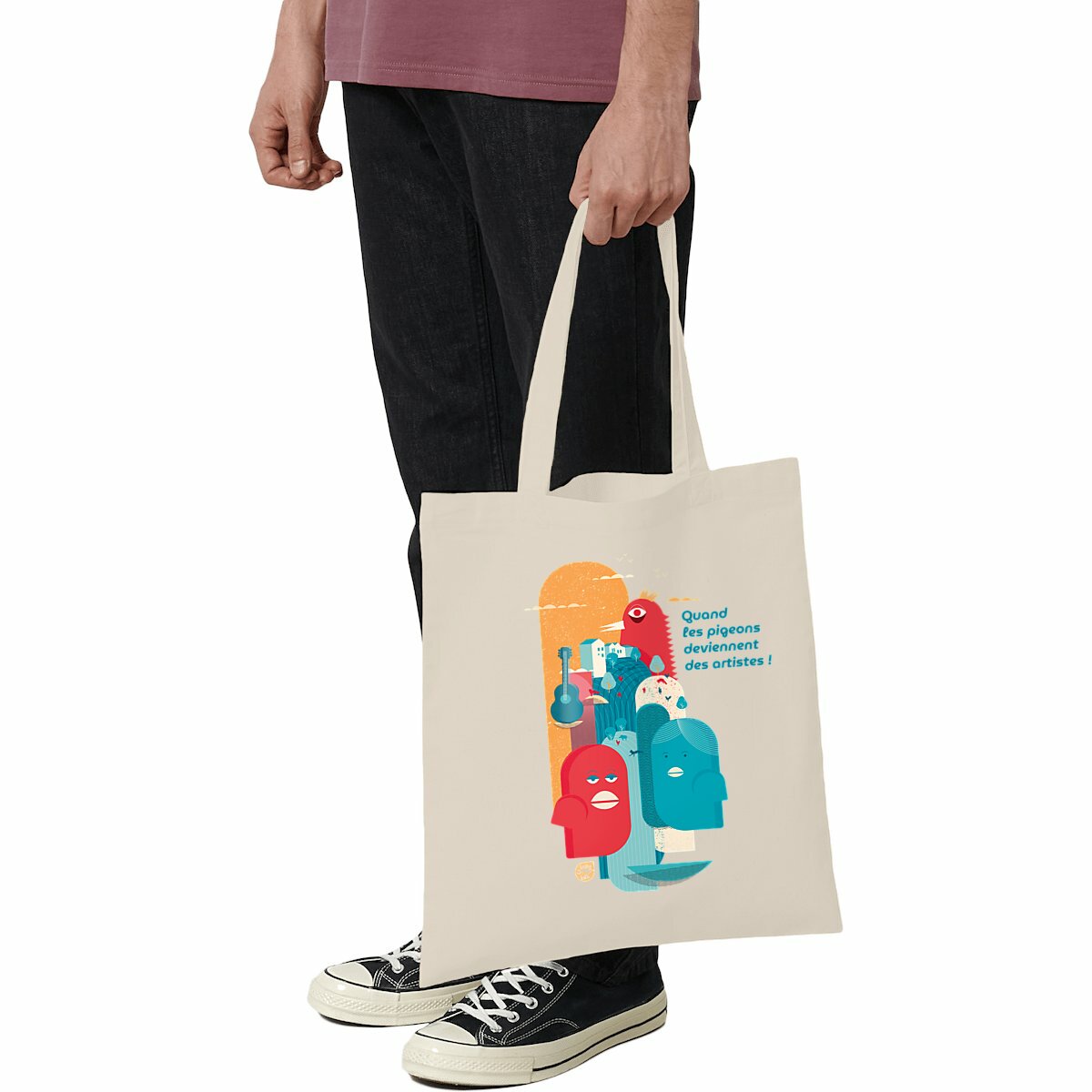 Image front Totebag léger avec illustration colorée d'animaux