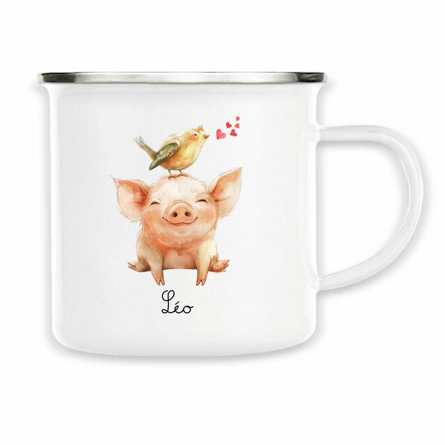 Tasse de Camping Cochon avec Prénom Personnalisable en Métal Émaillé - Image