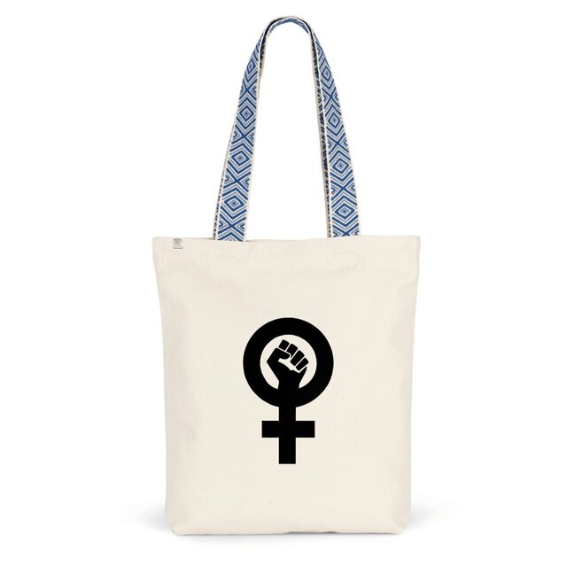 Image back Tote bag végan ethnique avec poing féministe imprimé en France