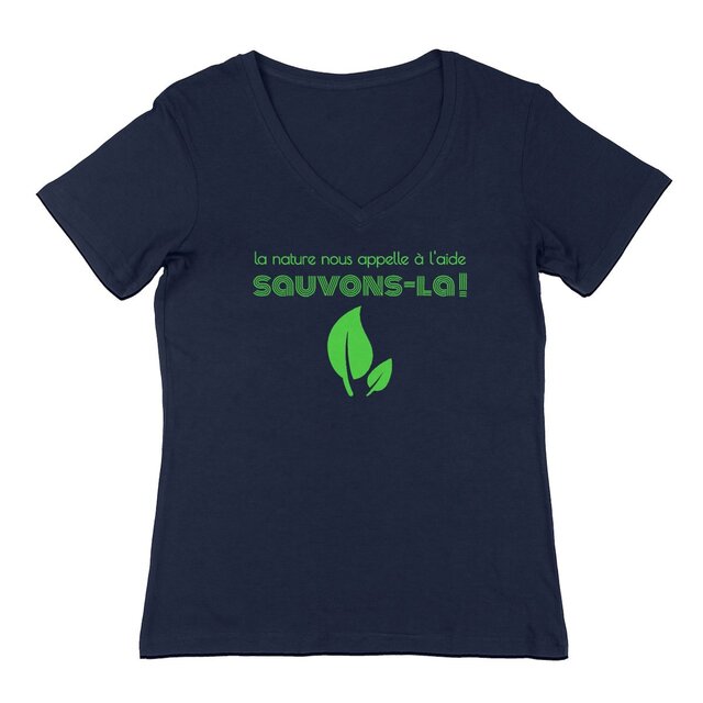 Image back T-shirt femme durable col V - La nature nous appelle à l'aide : sauvons-la !