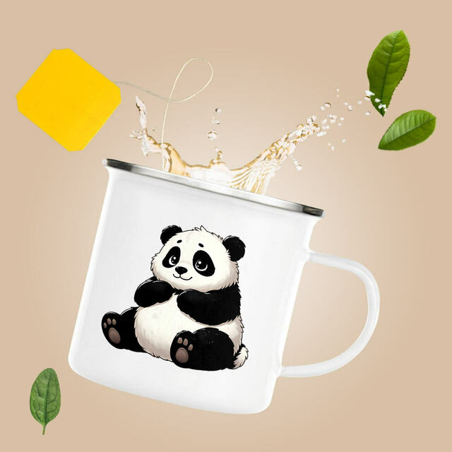 Image front Mug vintage en métal émaillé. Panda imprimé des 2 côtés