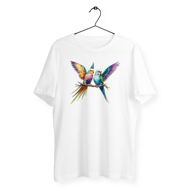 Image back T-shirt unisexe végan et léger. 2 perruches imprimées en France