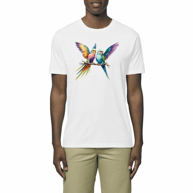 Image front T-shirt unisexe végan et léger. 2 perruches imprimées en France