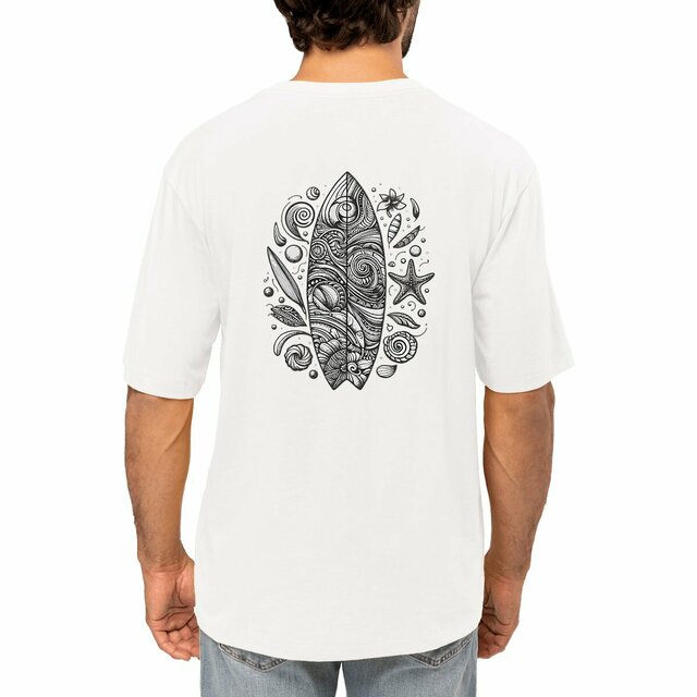 Image front T-shirt Homme Oversized végan. Planche de surf imprimé dos. Imprimé à la demande
