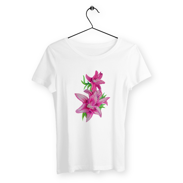 Image back T-shirt Femme coton biologique. Fleur Lis Safrance imprimée sur le devant