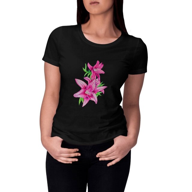Image front T-shirt Femme coton biologique. Fleur Lis Safrance imprimée sur le devant