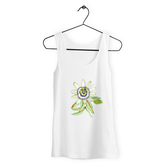Image back Débardeur femme ample 100% coton biologique. Fleur de passiflore imprimée