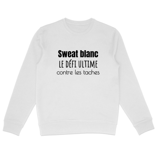 Image back Sweat-shirt blanc unisexe et végan. Slogan : sweat blanc, le défi ultime contre les taches
