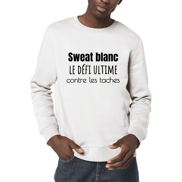 Image front Sweat-shirt blanc unisexe et végan. Slogan : sweat blanc, le défi ultime contre les taches
