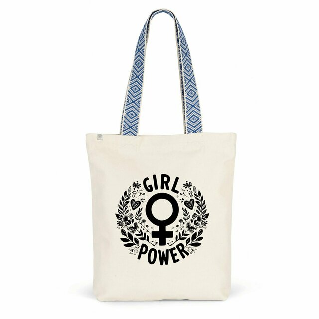 Image back Totebag ethnique végan et Girl Power. Sac de courses, de plage, sac fourre-tout très pratique et robuste.
